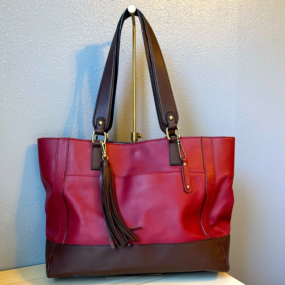 WILSON LEATHER RED AND BROWN TOTE.